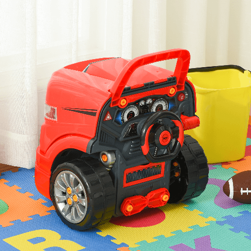 HOMCOM Officina Camion Giocattolo con Motore e 61 Accessori per Bambini 3-5  Anni, Ruote e Maniglia, 40x39x47cm, Rosso Anni