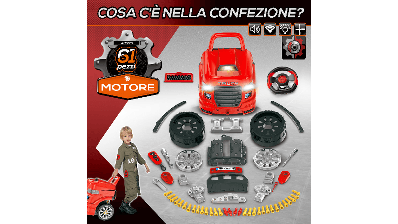 HOMCOM Officina Camion Giocattolo con Motore e 61 Accessori per Bambini 3-5  Anni, Ruote e Maniglia, 40x39x47cm, Rosso Anni