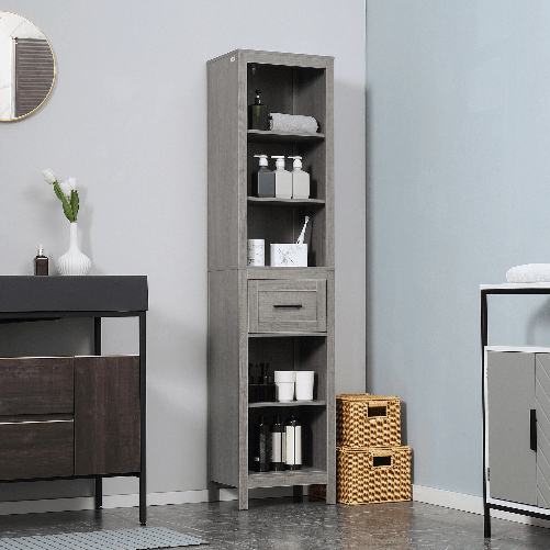 kleankin-Colonna-Bagno-in-Truciolato-con-5-Ripiani-Aperti-e-un-Cassetto-42x30x170-cm-Grigio