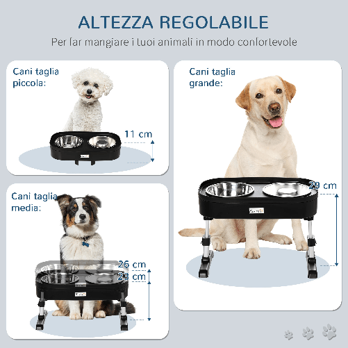 PawHut-Set-di-Ciotole-Rialzate-per-Cani-in-acciaio-con-Altezza-Regolabile-su-4-Livelli-Nero