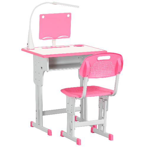 HOMCOM-Banco-Scuola-con-Sedia-per-Bambini-6-12-Anni-Altezza-Regolabile-Lampada-LED-Leggio-e-Portapenne-Acciaio-e-MDF-Rosa