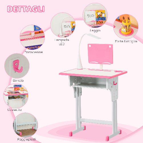 HOMCOM-Banco-Scuola-con-Sedia-per-Bambini-6-12-Anni-Altezza-Regolabile-Lampada-LED-Leggio-e-Portapenne-Acciaio-e-MDF-Rosa