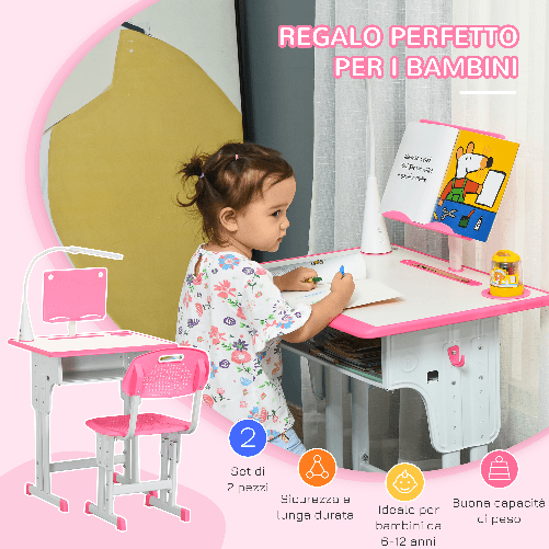 HOMCOM-Banco-Scuola-con-Sedia-per-Bambini-6-12-Anni-Altezza-Regolabile-Lampada-LED-Leggio-e-Portapenne-Acciaio-e-MDF-Rosa