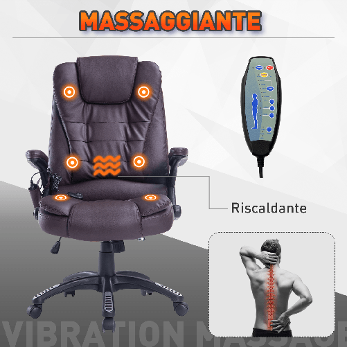 HOMCOM-Sedia-da-Gaming-Massaggiante-Poltrona-da-Ufficio-Girevole-con-Riscaldamento-Ecopelle-Altezza-Regolabile-62-x-68-x-111-121cm-Marrone