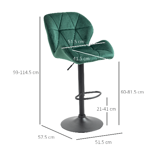 HOMCOM-Set-2-Sgabelli-da-Bar-Altezza-Regolabile-con-Base-in-Metallo-e-Seduta-in-Velluto-Sgabelli-Moderni-con-Schienale-e-Poggiapiedi-46x48x83-104cm-Verde