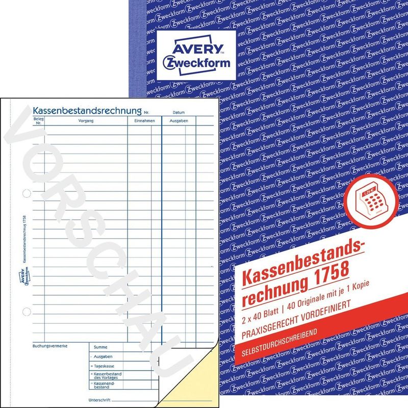 AVERY-Zweckform-modulo-libro-rapporto-di-cassa-fattura-di-inventario-1758-DIN-A5-2x-40-pagine