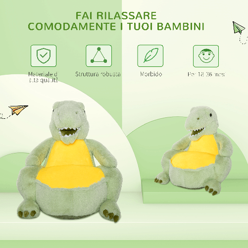 HOMCOM-Poltroncina-per-Bambini-Forma-Dinosauro-in-Peluche-con-Base-Antiscivolo-Poltrona-per-Cameretta-Verde-60x55x59cm