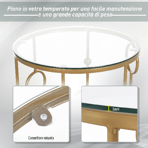 HOMCOM-Set-2-Pezzi-Tavolini-da-Caffe-Design-Elegante-con-Motivi-a-Cerchio-Metallo-e-Vetro-Temperato-Φ41x57cm---Φ36x51cm