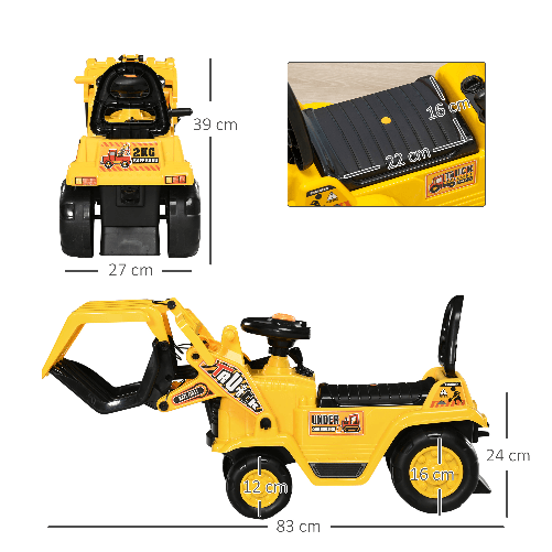 HOMCOM-Escavatore-per-Bambini-3-4-Anni-con-Pinza-Pulsante-per-Suoni-e-Spazio-Portaoggetti-83x27x39-cm-Giallo-e-Nero