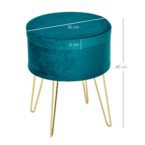 HOMCOM-Pouf-Contenitore-2-in-1-con-Funzione-Sgabello-e-Tavolino-in-Legno-e-Velluto-Verde-Metallo-con-Finitura-Oro-36x36x45cm