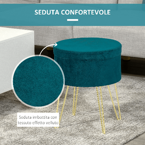 HOMCOM-Pouf-Contenitore-2-in-1-con-Funzione-Sgabello-e-Tavolino-in-Legno-e-Velluto-Verde-Metallo-con-Finitura-Oro-36x36x45cm