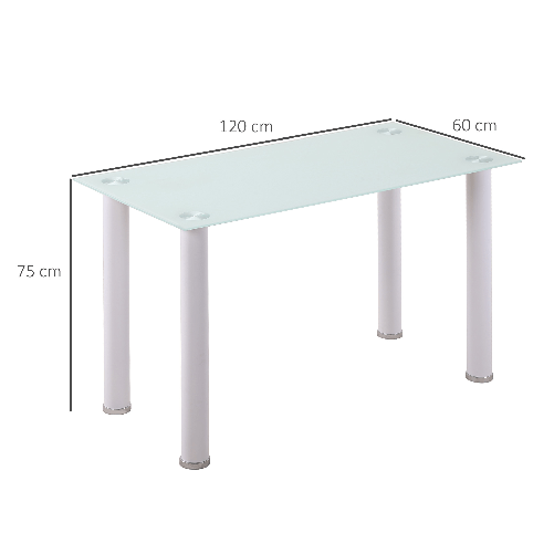 HOMCOM-Tavolo-Rettangolare-Moderno-da-Cucina-e-Soggiorno-Gambe-Rotonde-in-Metallo-e-Piano-in-Vetro-Temperato-120x60x75cm-Bianco