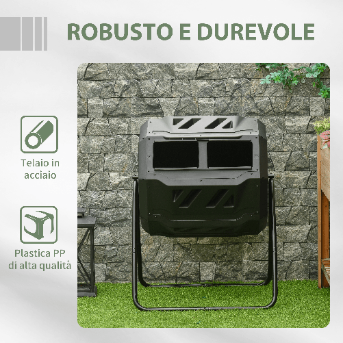 Outsunny-Compostiera-Domestica-da-160L-Compostiera-da-Giardino-e-da-Balcone-in-Plastica-PP-Nera-Bidone-per-Compost-Girevole-71x64x96cm