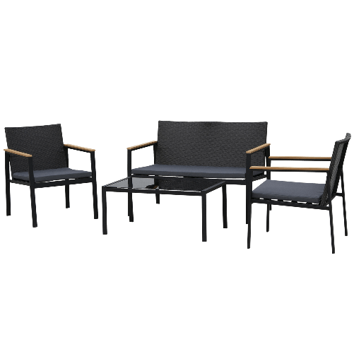 Outsunny-Set-4-Pezzi-Salotto-da-Esterni-con-2-Sedie-Divano-e-Tavolino-Mobili-da-Giardino-in-Rattan-e-Acciaio-Nero