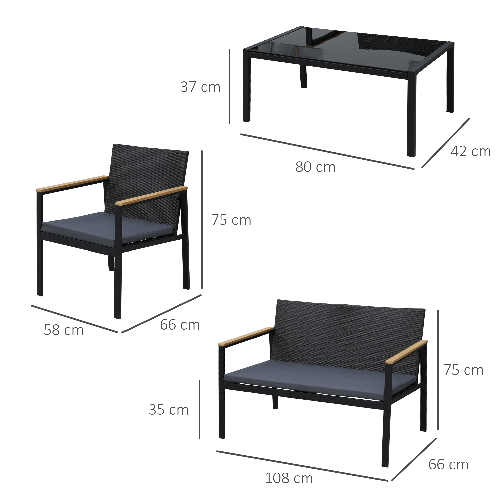 Outsunny-Set-4-Pezzi-Salotto-da-Esterni-con-2-Sedie-Divano-e-Tavolino-Mobili-da-Giardino-in-Rattan-e-Acciaio-Nero