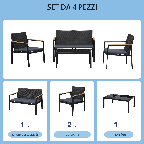 Outsunny-Set-4-Pezzi-Salotto-da-Esterni-con-2-Sedie-Divano-e-Tavolino-Mobili-da-Giardino-in-Rattan-e-Acciaio-Nero