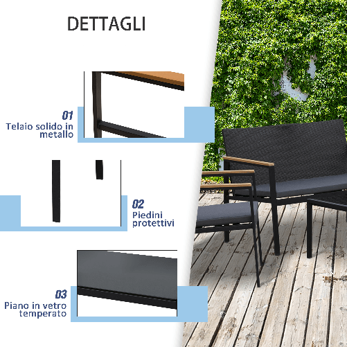 Outsunny-Set-4-Pezzi-Salotto-da-Esterni-con-2-Sedie-Divano-e-Tavolino-Mobili-da-Giardino-in-Rattan-e-Acciaio-Nero