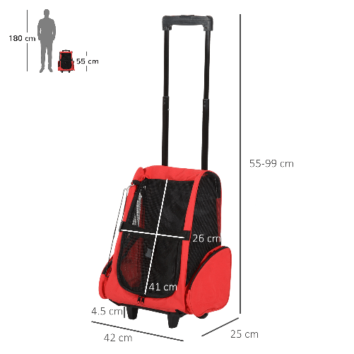 PawHut-Trasportino-Zaino-2-in-1-per-Cani-e-Gatti-con-Tasche-Laterali-Maniglia-Telescopica-e-Ruote-42x25x55cm-Rosso