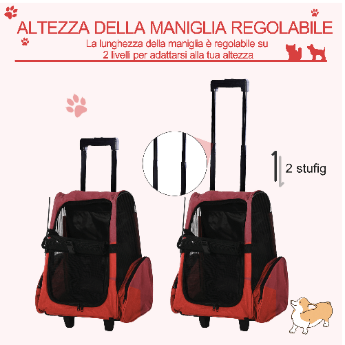 PawHut-Trasportino-Zaino-2-in-1-per-Cani-e-Gatti-con-Tasche-Laterali-Maniglia-Telescopica-e-Ruote-42x25x55cm-Rosso