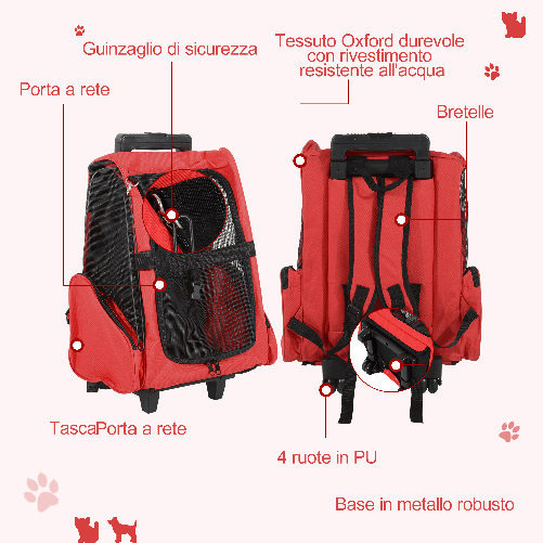 PawHut-Trasportino-Zaino-2-in-1-per-Cani-e-Gatti-con-Tasche-Laterali-Maniglia-Telescopica-e-Ruote-42x25x55cm-Rosso