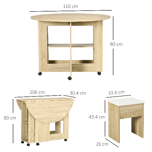 HOMCOM-Set-Tavolo-e-Sedie-5-Pezzi-in-Truciolato-Tavolo-Rotondo-con-2-Ripiani-Aperti-e-4-Sgabelli-Moderni