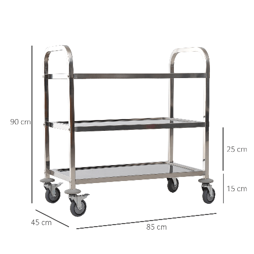 HOMCOM-Carrello-da-Cucina-3-Ripiani-Aperti-4-Ruote-Omnidirezionali-con-2-Freni-Cuscinetti-Anti-Collisione-in-Acciaio-Inossidabile-430-Argento-85x45x90cm