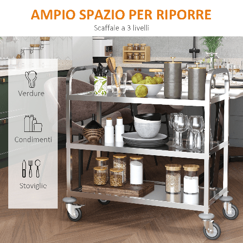 HOMCOM-Carrello-da-Cucina-3-Ripiani-Aperti-4-Ruote-Omnidirezionali-con-2-Freni-Cuscinetti-Anti-Collisione-in-Acciaio-Inossidabile-430-Argento-85x45x90cm