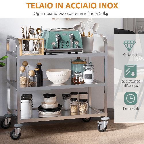 HOMCOM-Carrello-da-Cucina-3-Ripiani-Aperti-4-Ruote-Omnidirezionali-con-2-Freni-Cuscinetti-Anti-Collisione-in-Acciaio-Inossidabile-430-Argento-85x45x90cm