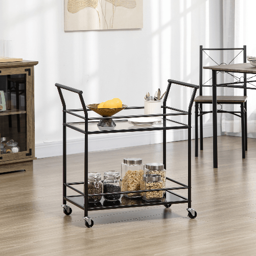 HOMCOM-Carrello-da-Cucina-a-2-Livelli-con-Piani-in-Vetro-Temperato-4-Ruote-e-Struttura-in-Metallo-75x40x80-cm-Nero