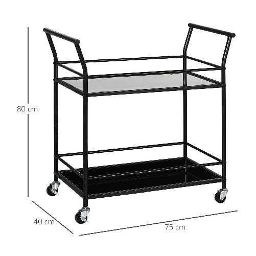 HOMCOM-Carrello-da-Cucina-a-2-Livelli-con-Piani-in-Vetro-Temperato-4-Ruote-e-Struttura-in-Metallo-75x40x80-cm-Nero