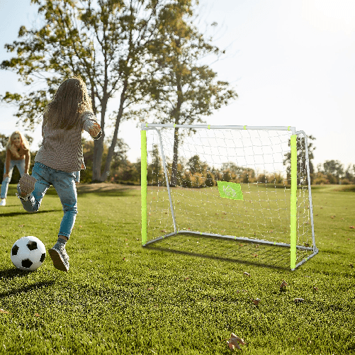 HOMCOM-Porta-da-Calcio-per-Adulti-e-Bambini-Rete-con-Bersaglio-Centrale-e-Pali-in-Tessuto-Giallo-186x62x123cm