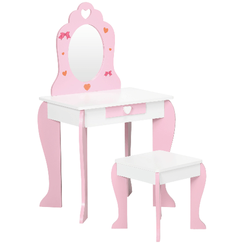 ZONEKIZ-Set-Tavolo-Trucco-con-Sgabello-Specchio-e-Cassetto-in-MDF-per-Bimbi-3-6-Anni-Bianco-e-Rosa