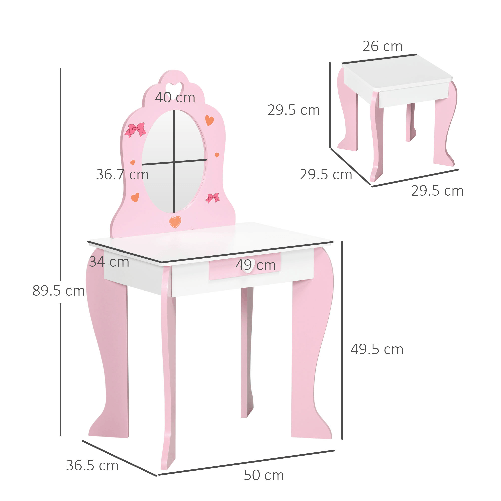 ZONEKIZ-Set-Tavolo-Trucco-con-Sgabello-Specchio-e-Cassetto-in-MDF-per-Bimbi-3-6-Anni-Bianco-e-Rosa
