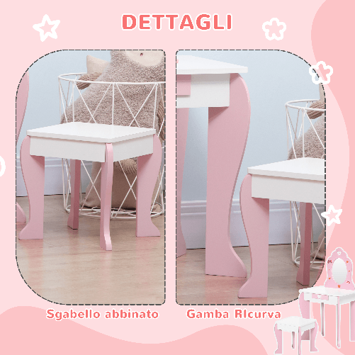 ZONEKIZ-Set-Tavolo-Trucco-con-Sgabello-Specchio-e-Cassetto-in-MDF-per-Bimbi-3-6-Anni-Bianco-e-Rosa