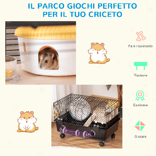 PawHut-Gabbia-per-Criceti-Multilivello-con-Casetta-Mangiatoia-e-Abbeveratoio-Tunnel-e-Ruota-Gabbietta-per-Piccoli-Roditori-con-4-Rotelle---Nero