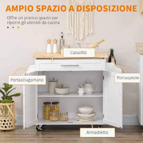 HOMCOM-Carrello-da-Cucina-con-Cassetto-Portaspezie-Armadietto-e-4-Ruote-109x40x89cm-Bianco