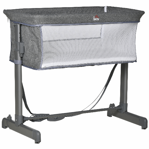 HOMCOM-Culla-Fianco-Letto-con-Altezza-Regolabile-Lettino-Co-Sleeping-Pieghevole-con-Tessuto-a-Rete-e-Borsa-di-Trasporto-86x50x83cm-Grigio