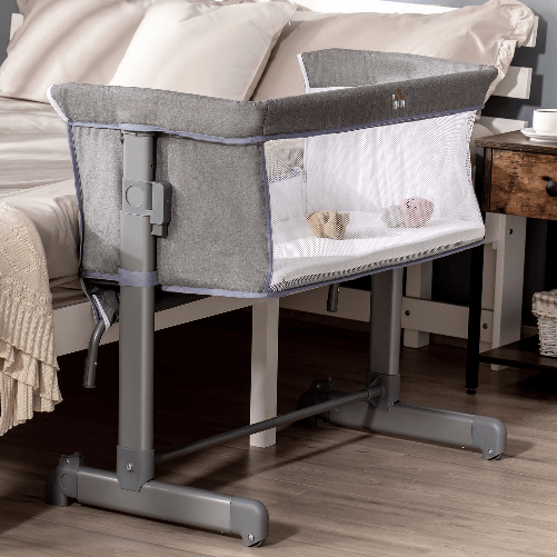 HOMCOM-Culla-Fianco-Letto-con-Altezza-Regolabile-Lettino-Co-Sleeping-Pieghevole-con-Tessuto-a-Rete-e-Borsa-di-Trasporto-86x50x83cm-Grigio