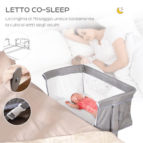 HOMCOM-Culla-Fianco-Letto-con-Altezza-Regolabile-Lettino-Co-Sleeping-Pieghevole-con-Tessuto-a-Rete-e-Borsa-di-Trasporto-86x50x83cm-Grigio