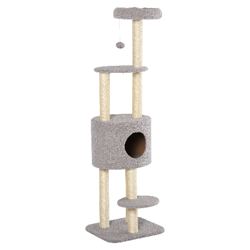 PawHut-Albero-Tiragraffi-Robusto-per-Gatti-con-5-Livelli-Cuccia-Casetta-Giochi-e-Corda-Sisal-Grigio-e-Beige-Max-30kg