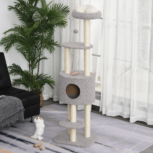 PawHut-Albero-Tiragraffi-Robusto-per-Gatti-con-5-Livelli-Cuccia-Casetta-Giochi-e-Corda-Sisal-Grigio-e-Beige-Max-30kg