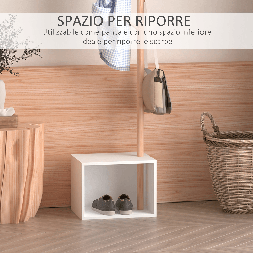 HOMCOM-Appendiabiti-con-Panchina-Cubo-per-Scarpe-Per-Ingresso-e-Camera-da-Letto-6-Ganci-Bambu-Legno-MDF-Bianco-40x30x180cm