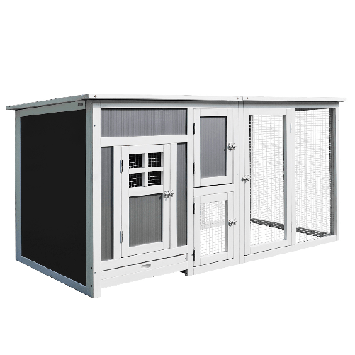 PawHut-Pollaio-per-Galline-Ovaiole-da-Esterno-con-Tetto-Impermeabile-e-Zona-di-Corsa-Nidificazione-in-Legno-160x75x80-cm-Grigio-e-Bianco