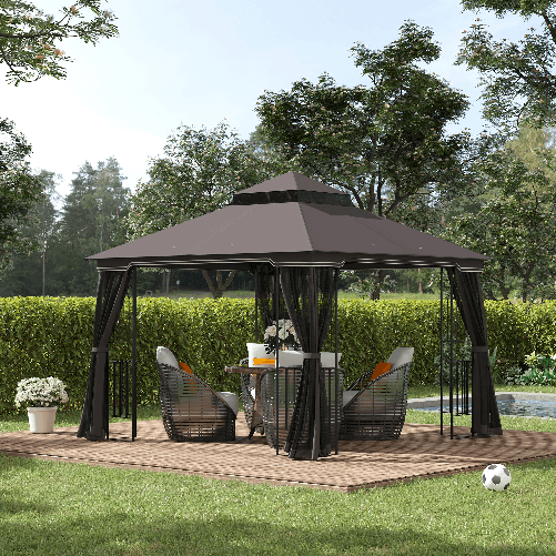 Outsunny-Gazebo-da-Giardino-3x3m-con-Zanzariera-e-Tetto-a-2-Livelli-Mensole-Laterali-e-Ganci-Caffe