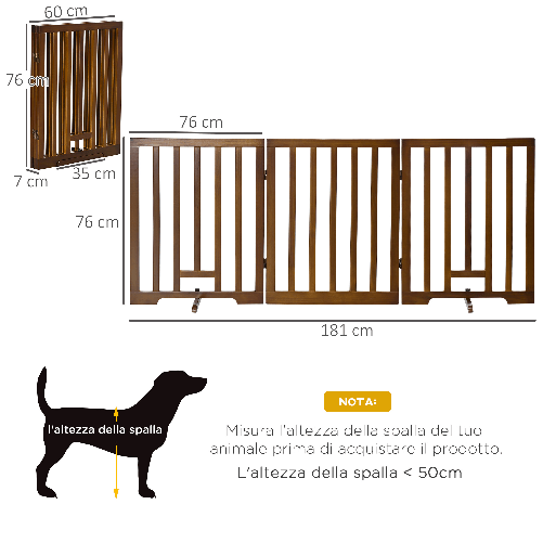 PawHut-Cancellino-per-Cani-Pieghevole-a-3-Pannelli-con-Piedini-Antiscivolo-per-Corridoi-Scale-e-Stanze-in-Legno-di-Pino-181x35x76-cm-Marrone-Scuro