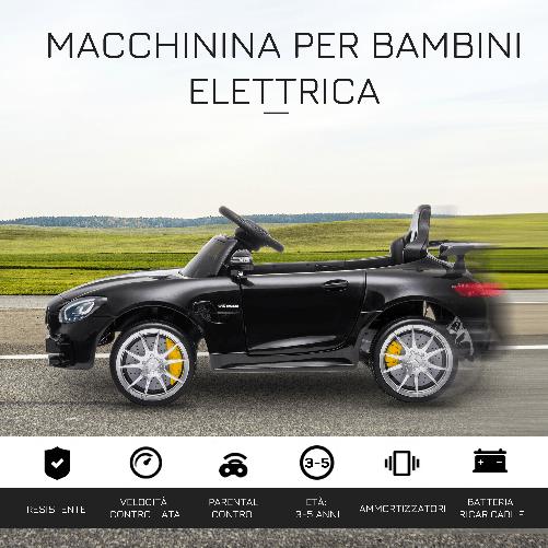 HOMCOM-Macchinina-per-Bambini-Elettrica-12V-con-Licenza-Mercedes-AMG-GTR-Velocita-3-5km-h-Telecomando-Luci-e-Suoni-Nera