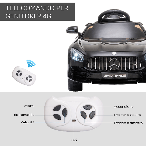 HOMCOM-Macchinina-per-Bambini-Elettrica-12V-con-Licenza-Mercedes-AMG-GTR-Velocita-3-5km-h-Telecomando-Luci-e-Suoni-Nera