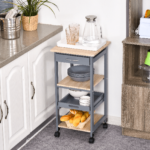 HOMCOM-Carrello-da-Cucina-Portavivande-con-Cassetto-2-Ripiani-e-Vassoio-Estraibile-37x37x76cm-Grigio