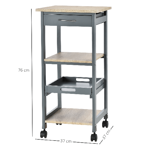 HOMCOM-Carrello-da-Cucina-Portavivande-con-Cassetto-2-Ripiani-e-Vassoio-Estraibile-37x37x76cm-Grigio