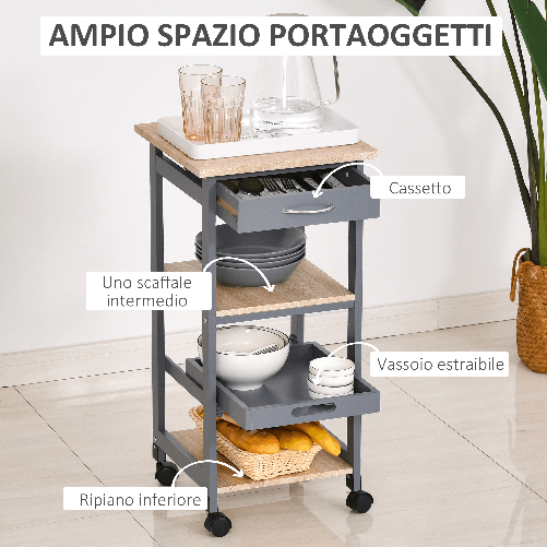 HOMCOM-Carrello-da-Cucina-Portavivande-con-Cassetto-2-Ripiani-e-Vassoio-Estraibile-37x37x76cm-Grigio